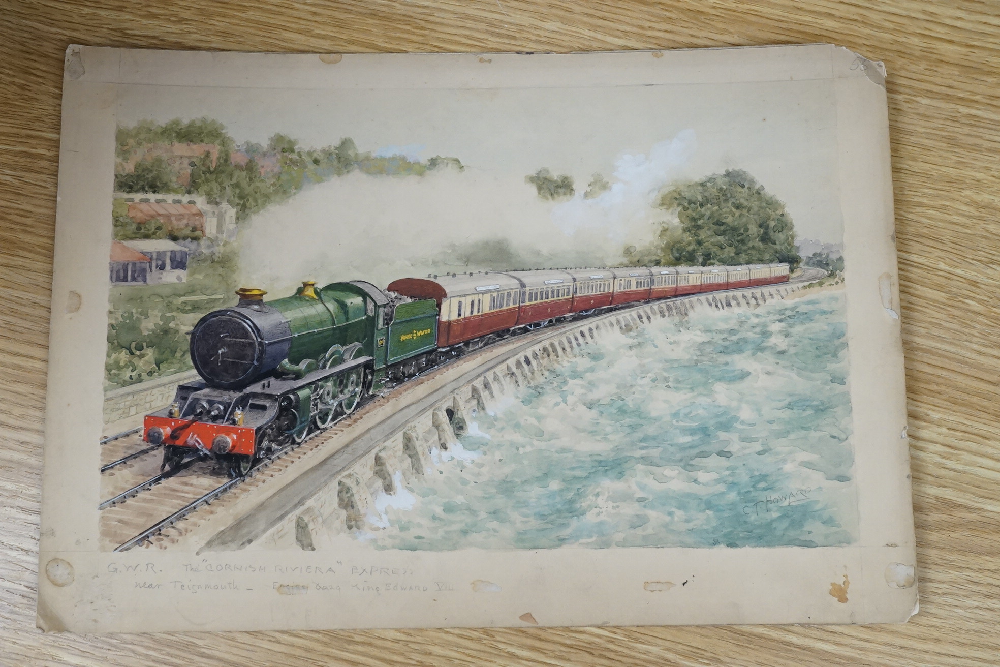 Charles Thomas Howard (1865-1942), set of three watercolours for original postcard designs, steam locomotives, including LNER Class A42509 Silver Link and GWR King Class 6029 King Edward VII, two signed, 22 x 32cm, unfra